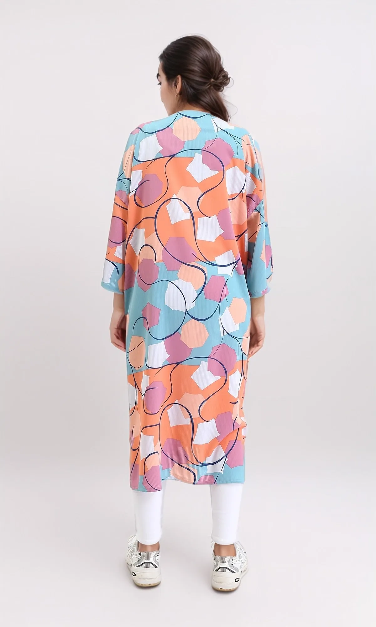 R210707 - Open Neckline Patterned Cardigan - Orange & Sky Blue