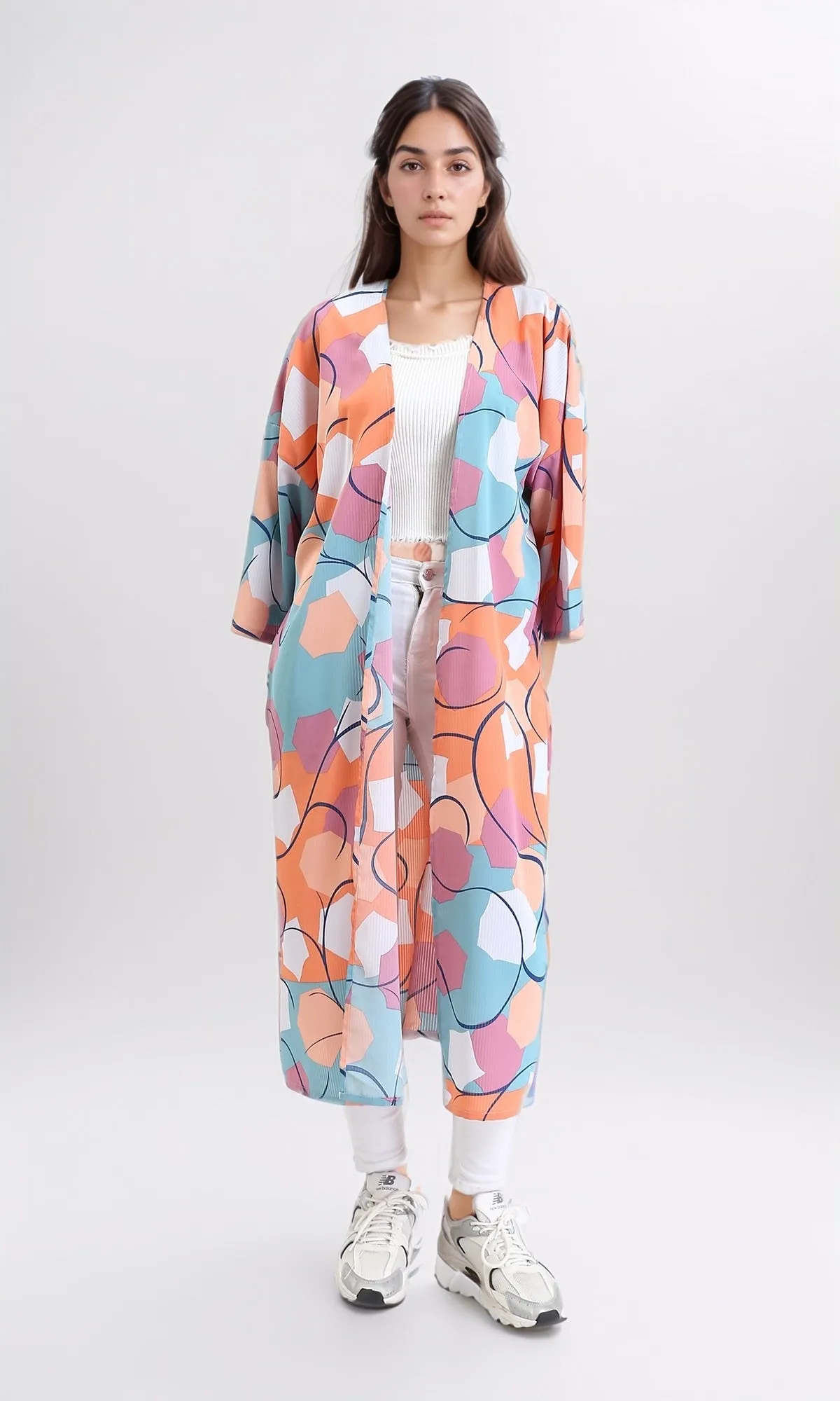 R210707 - Open Neckline Patterned Cardigan - Orange & Sky Blue