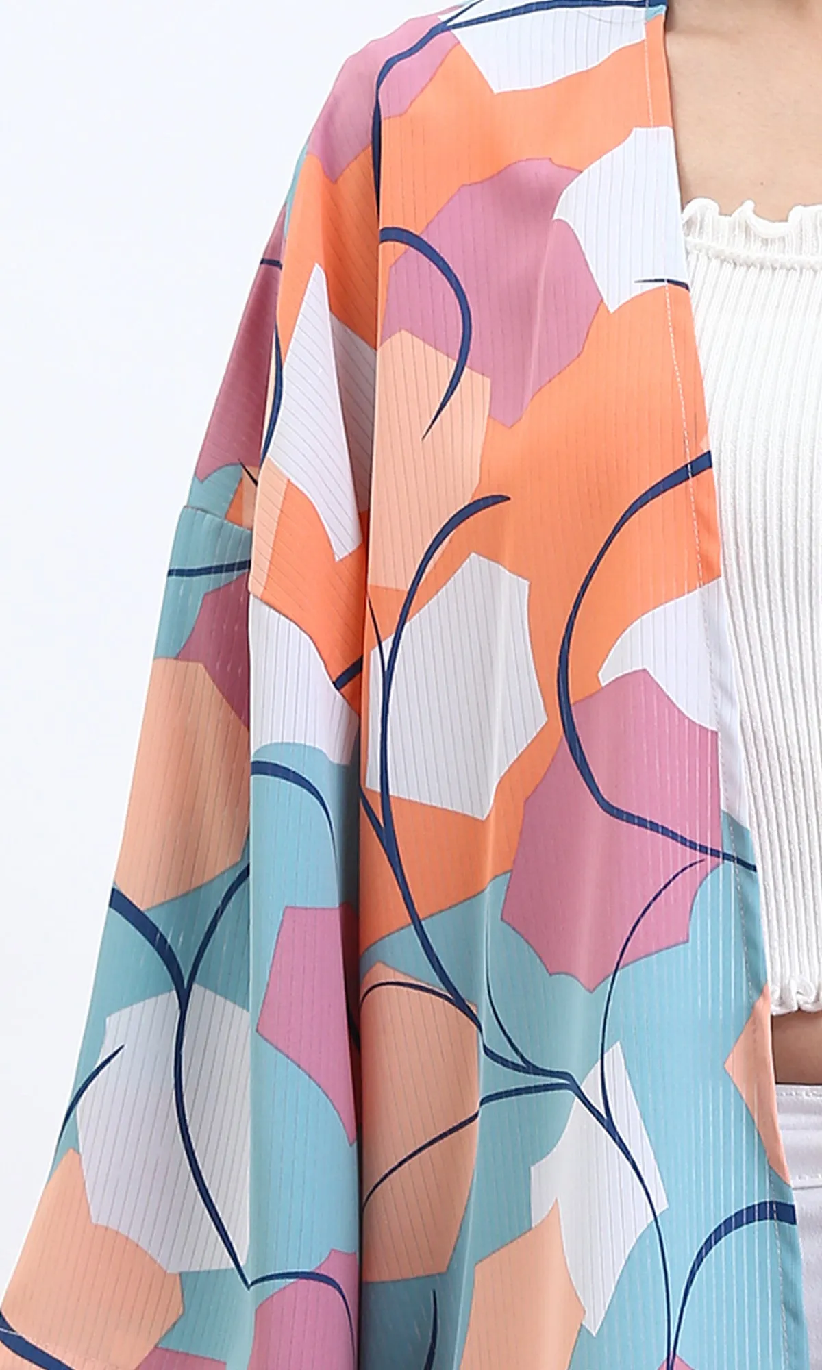 R210707 - Open Neckline Patterned Cardigan - Orange & Sky Blue