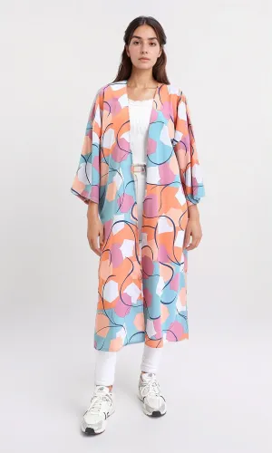 R210707 - Open Neckline Patterned Cardigan - Orange & Sky Blue