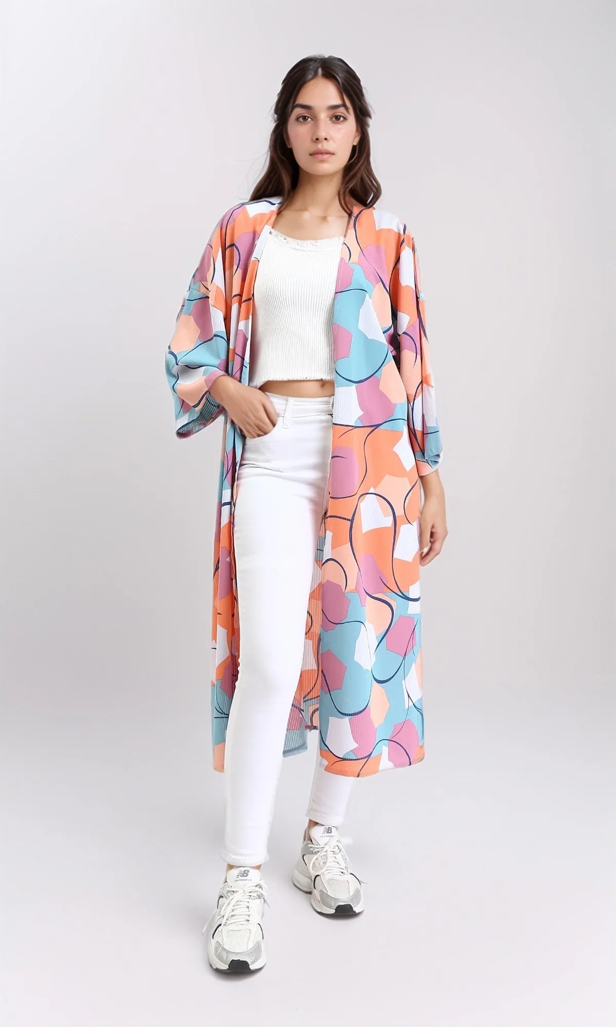R210707 - Open Neckline Patterned Cardigan - Orange & Sky Blue