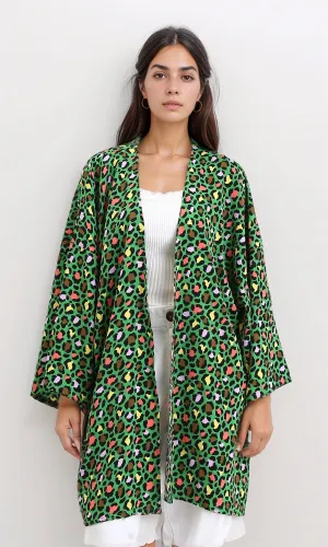 R210710 - Leopard Long Sleeves Colorful Cardigan - Green