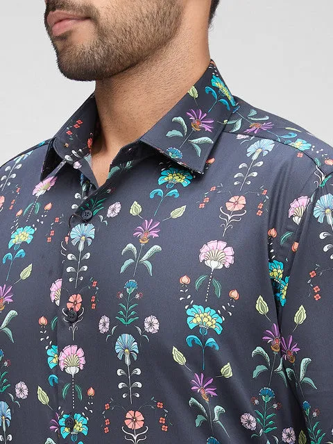 Raymond Men Grey Printed Regular Fit Cotton Formal Shirts