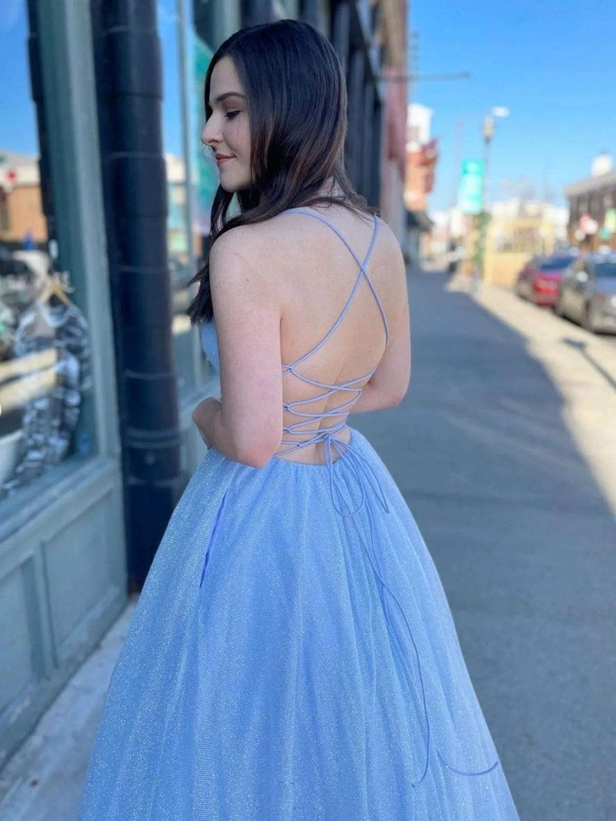 Shiny V Neck Backless Light Blue Long Prom Dresses, V Neck Light Blue Formal Dresses, Blue Evening Dresses SP2098