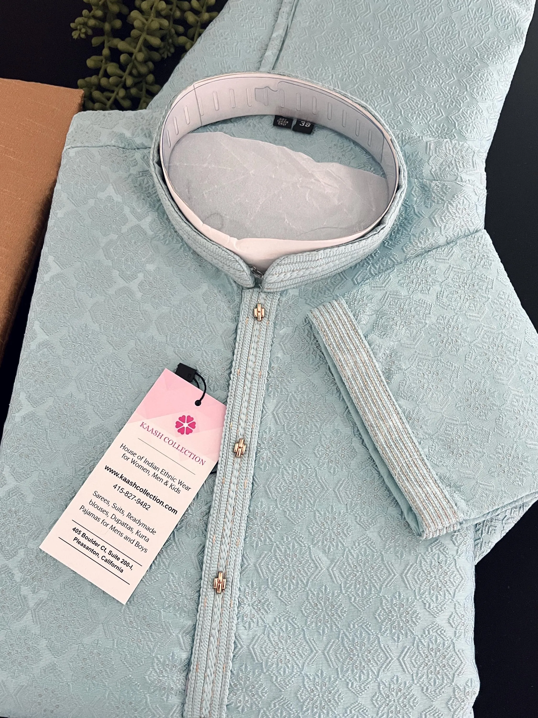 Sky Blue Color Men Kurta Pajama with Embossed Pattern with small Zari Zari Weave work and Self Embroidery | Sherwani Style Kurta