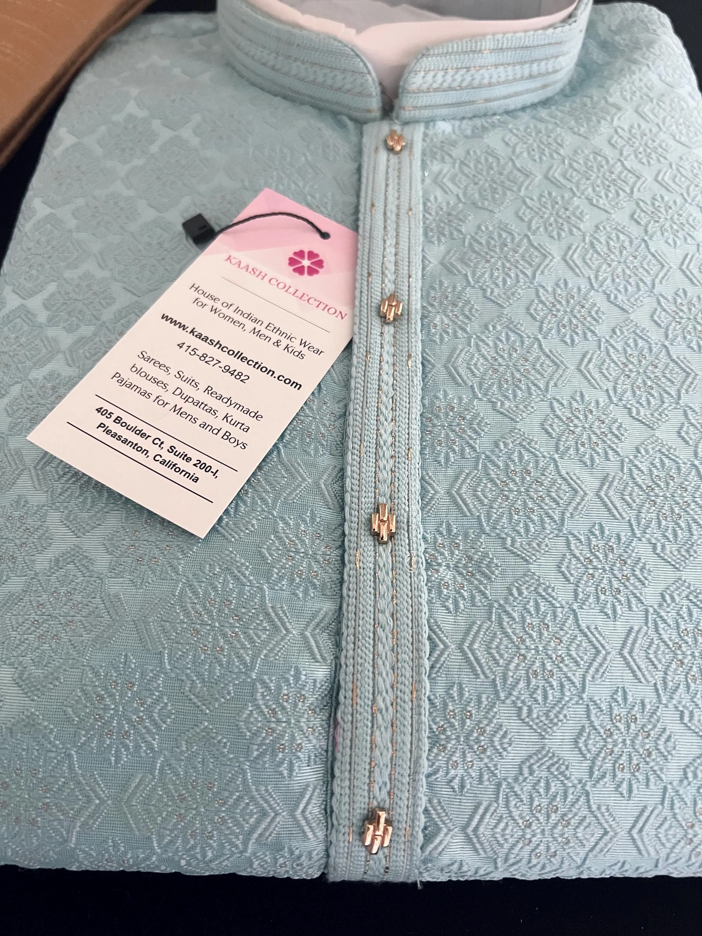 Sky Blue Color Men Kurta Pajama with Embossed Pattern with small Zari Zari Weave work and Self Embroidery | Sherwani Style Kurta