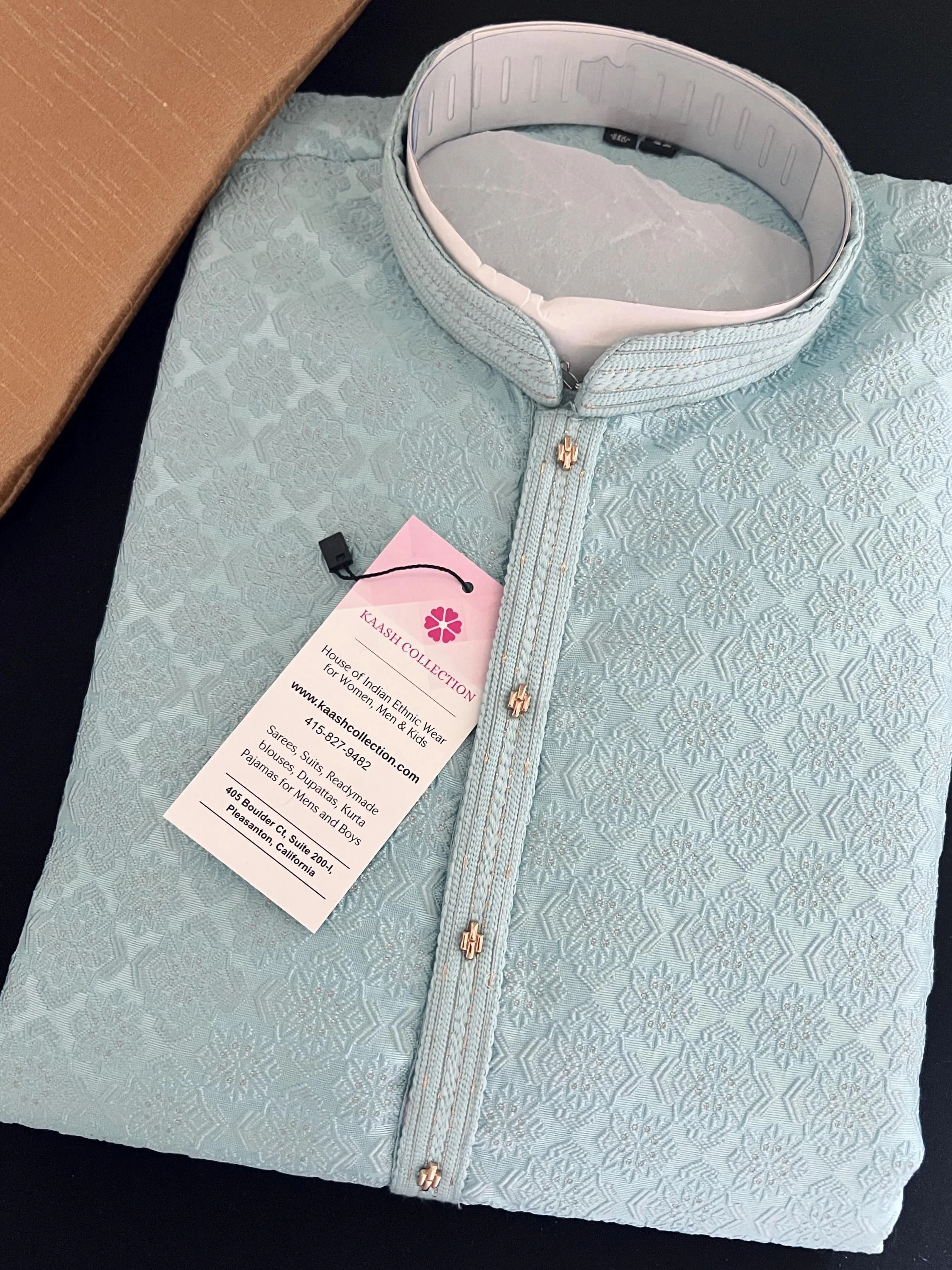 Sky Blue Color Men Kurta Pajama with Embossed Pattern with small Zari Zari Weave work and Self Embroidery | Sherwani Style Kurta