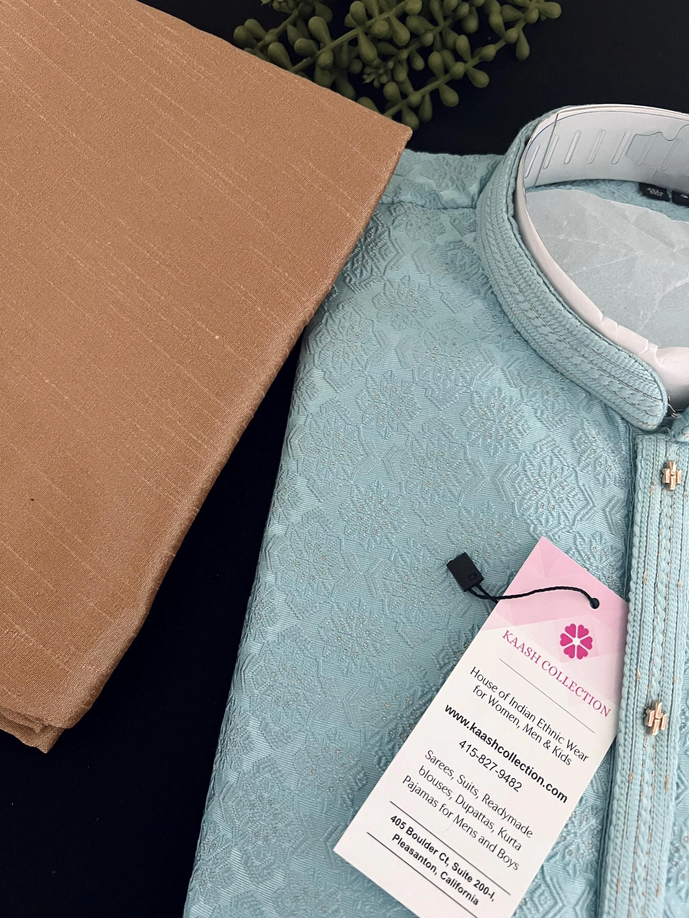 Sky Blue Color Men Kurta Pajama with Embossed Pattern with small Zari Zari Weave work and Self Embroidery | Sherwani Style Kurta