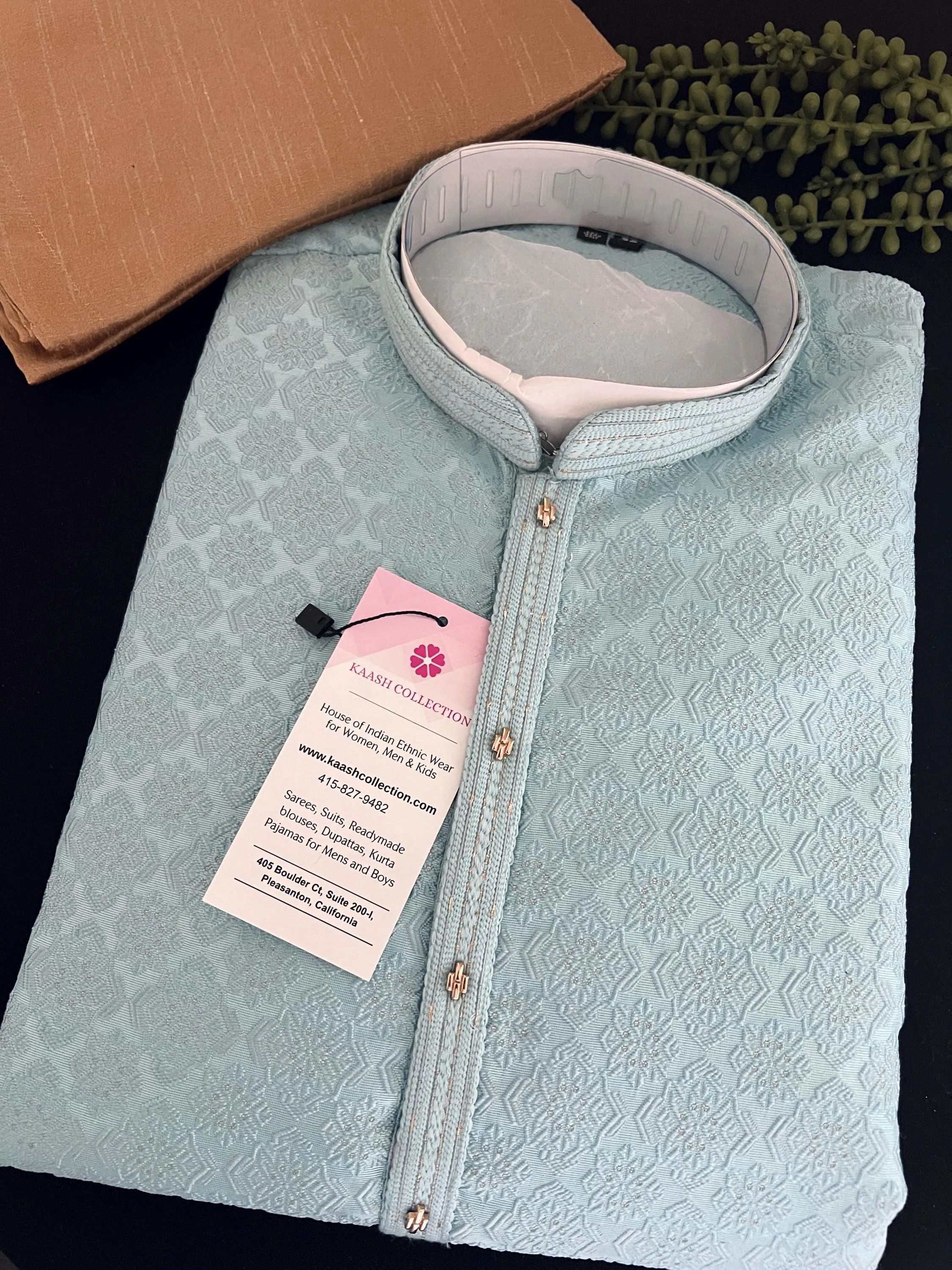 Sky Blue Color Men Kurta Pajama with Embossed Pattern with small Zari Zari Weave work and Self Embroidery | Sherwani Style Kurta