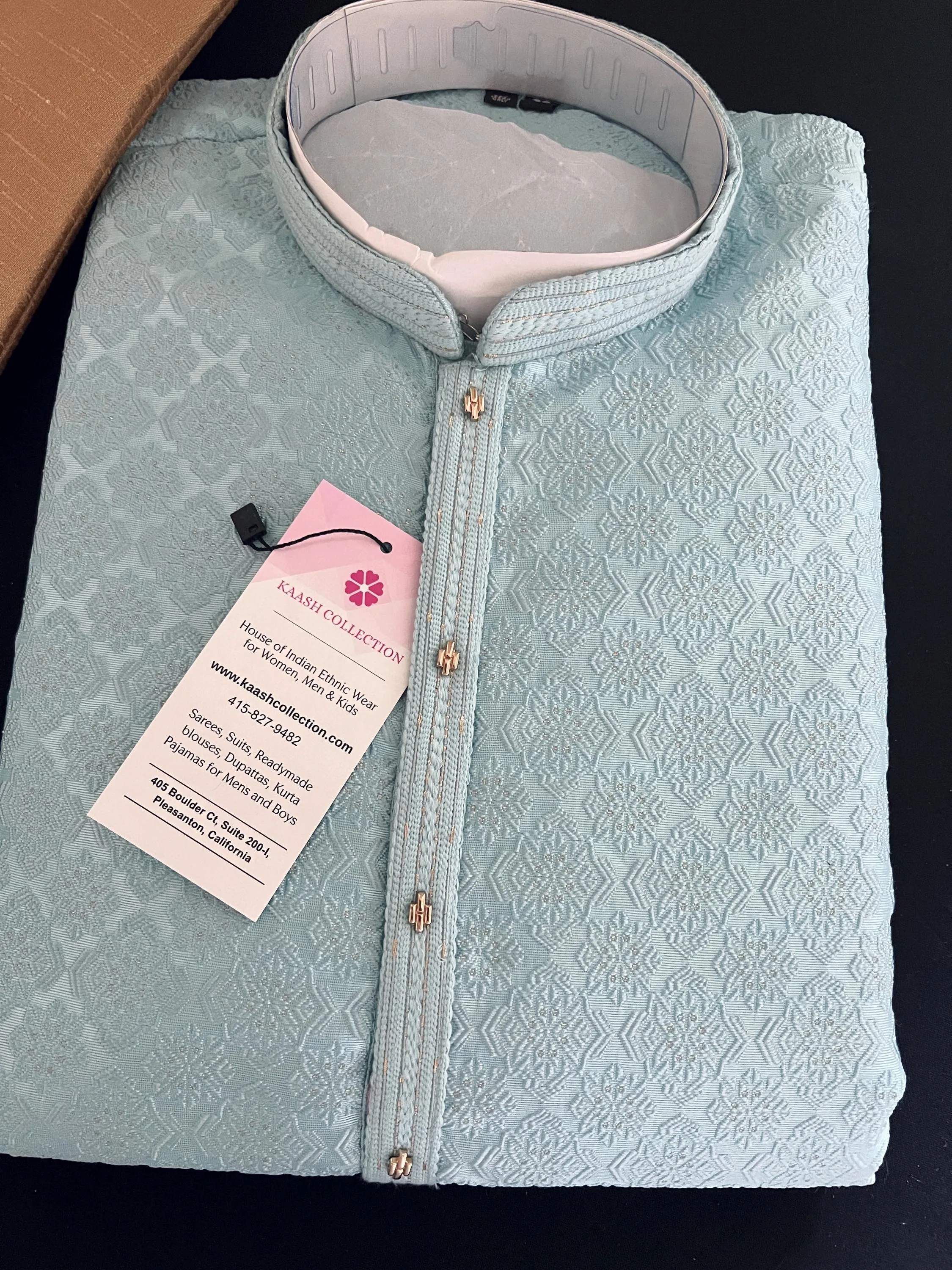 Sky Blue Color Men Kurta Pajama with Embossed Pattern with small Zari Zari Weave work and Self Embroidery | Sherwani Style Kurta
