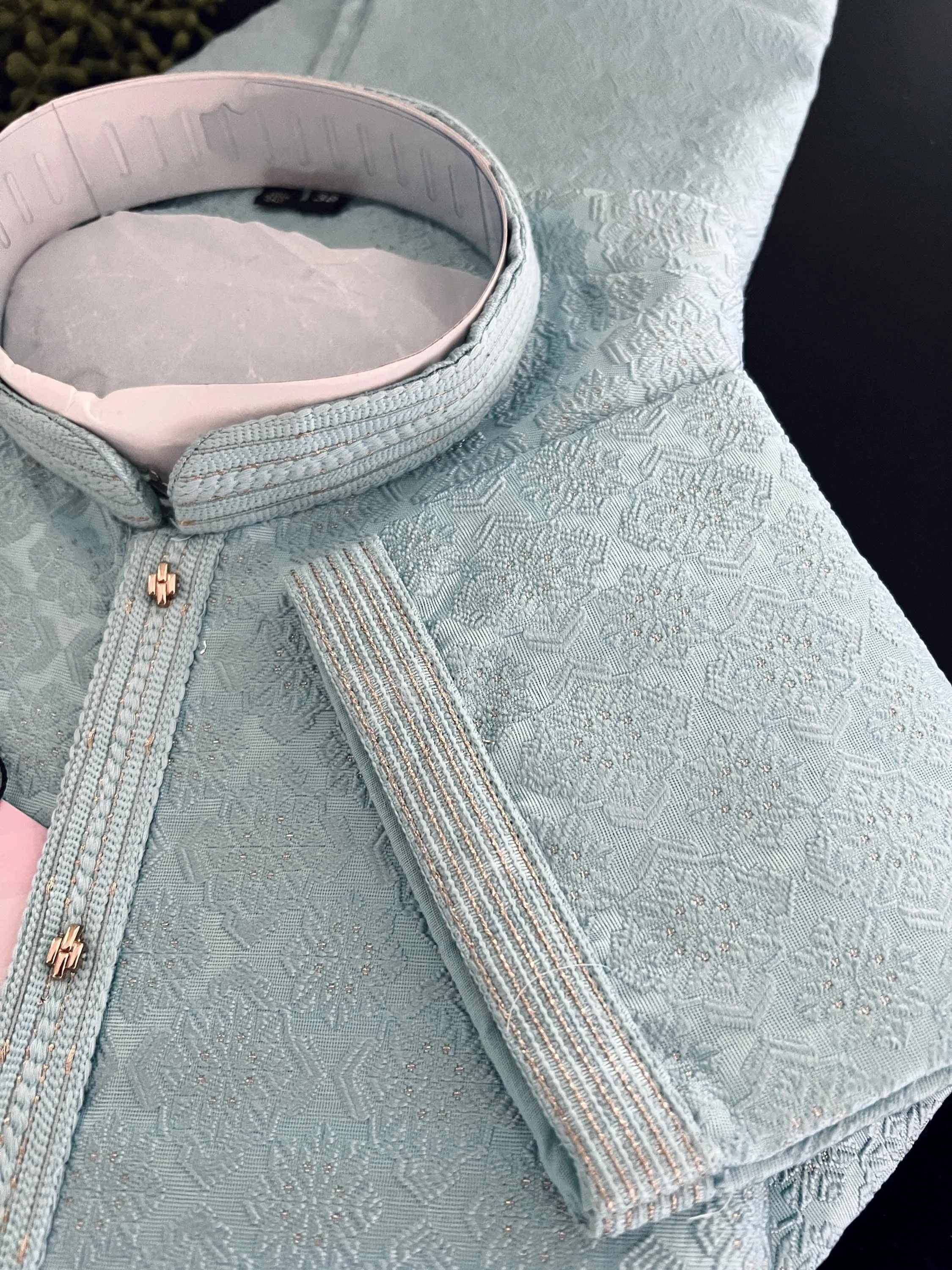 Sky Blue Color Men Kurta Pajama with Embossed Pattern with small Zari Zari Weave work and Self Embroidery | Sherwani Style Kurta