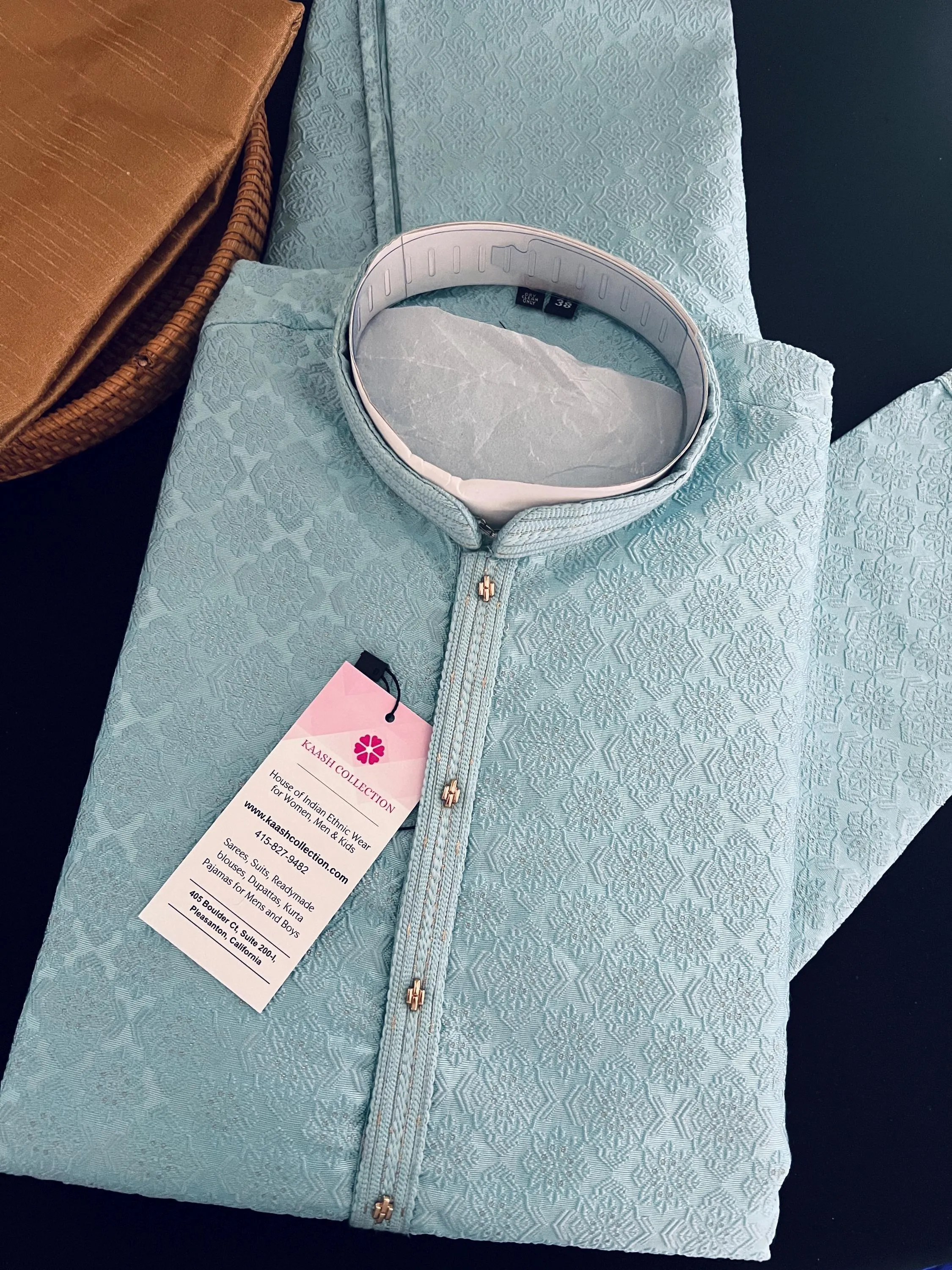 Sky Blue Color Men Kurta Pajama with Embossed Pattern with small Zari Zari Weave work and Self Embroidery | Sherwani Style Kurta