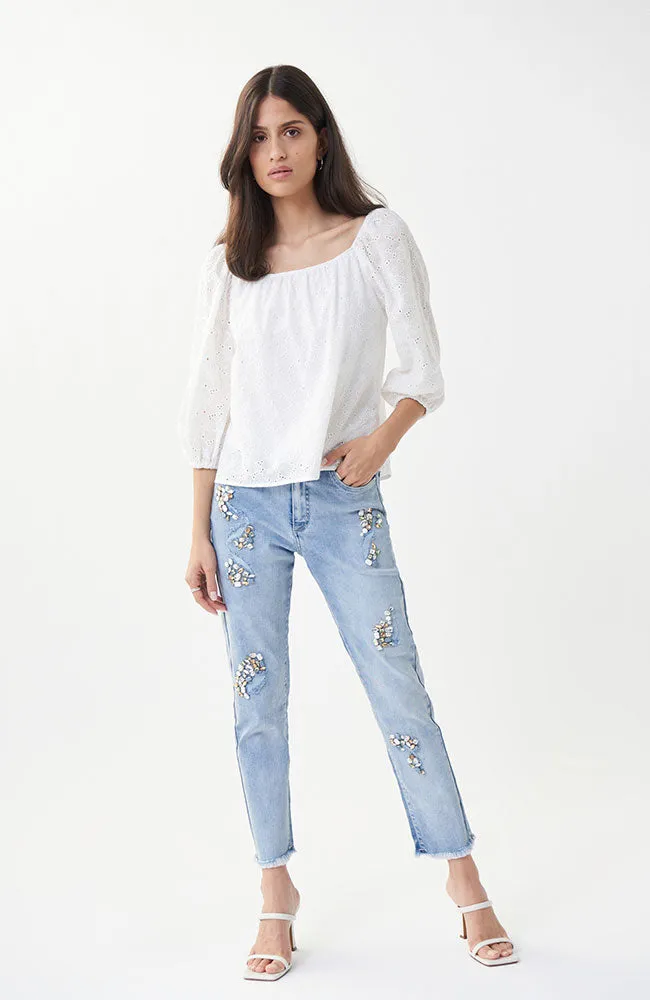Stone Embellished Jean in Light Denim