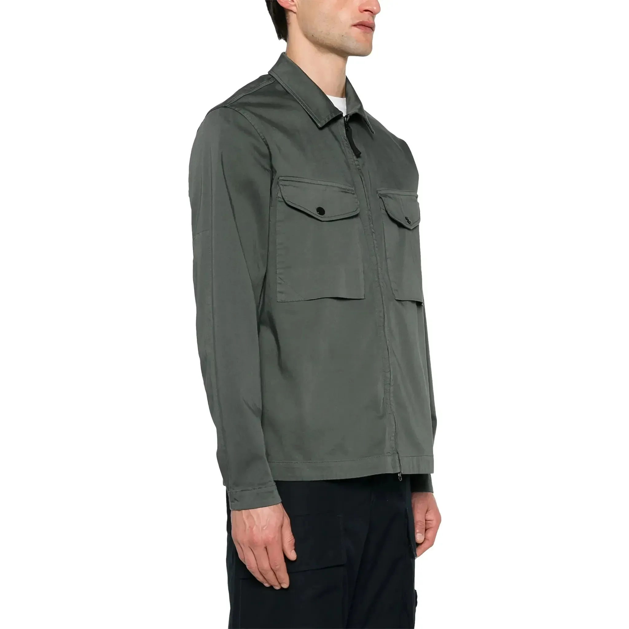 Stone Island Stretch Cotton Satin Dark Green Overshirt