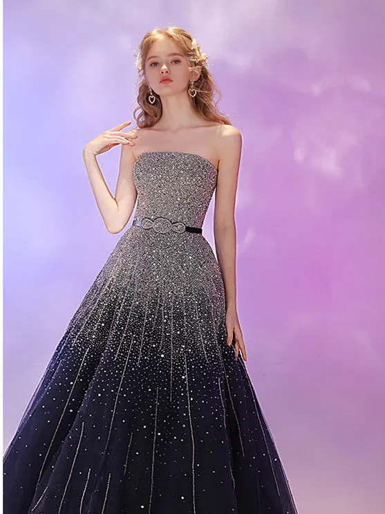 Strapless Beaded Prom Dresses, A-line Prom Dresses, Stary Light Prom Dresses, 2021 Prom Dresses