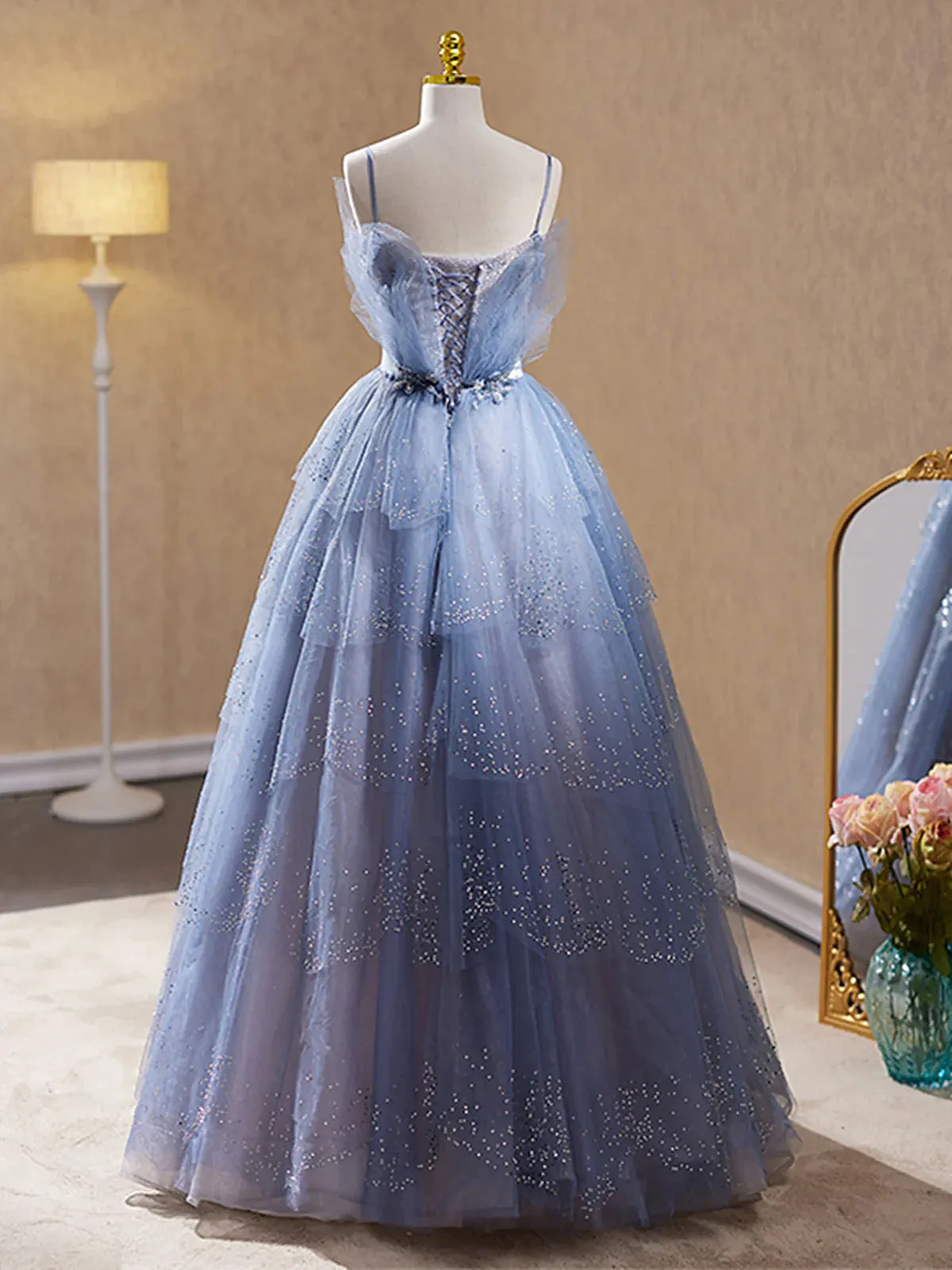 Straps Beaded V Neck Blue Lace Prom Dress, Blue Lace Tulle Long Formal Dress