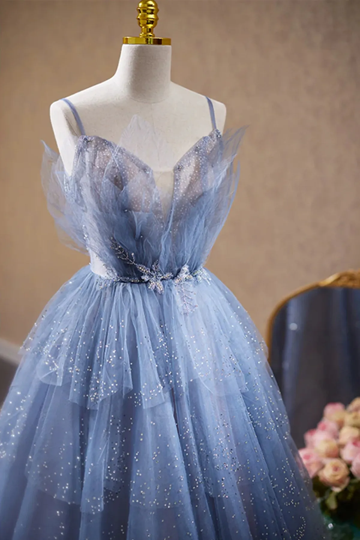 Straps Beaded V Neck Blue Lace Prom Dress, Blue Lace Tulle Long Formal Dress