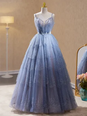 Straps Beaded V Neck Blue Lace Prom Dress, Blue Lace Tulle Long Formal Dress