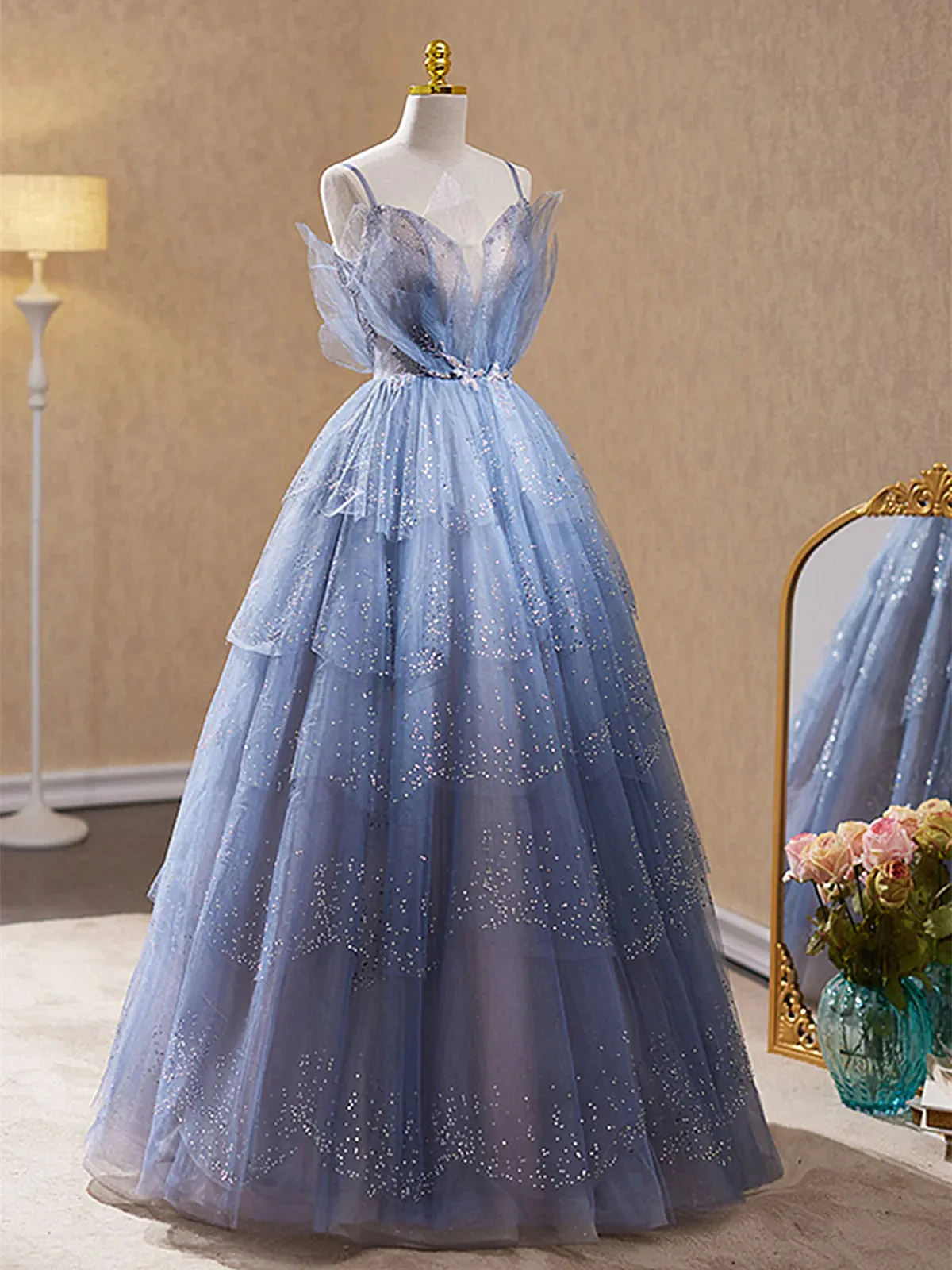 Straps Beaded V Neck Blue Lace Prom Dress, Blue Lace Tulle Long Formal Dress