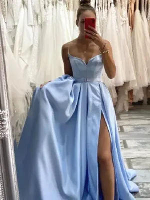 Sweetheart Neck Light Blue Satin Prom Dresses, Light Blue Long Formal Evening Dresses
