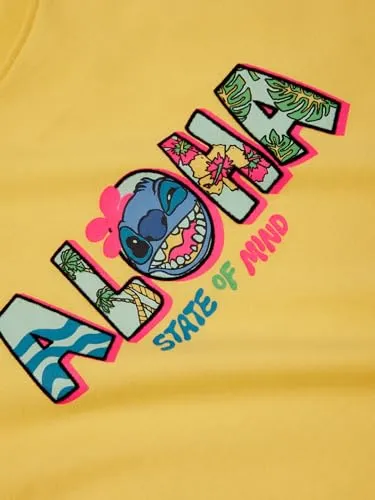 The Souled Store Lilo & Stitch: Aloha Womens and Girls Oversize Fit Graphic Printed Half Sleeve Cotton Yellow Color Cropped T-Shirt