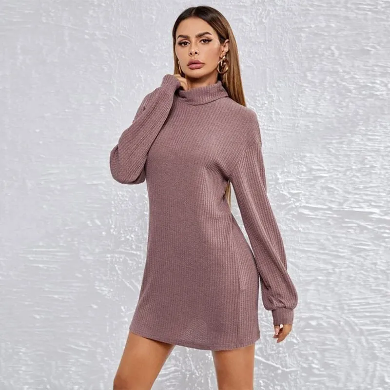 Turtleneck Waffle Knitted Short Dress