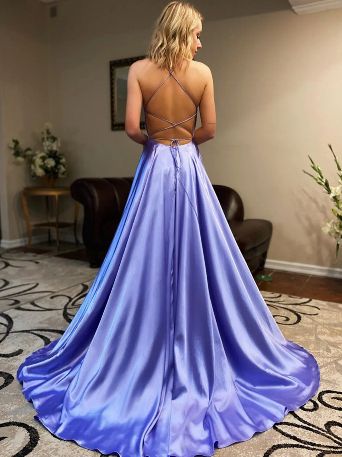 V Neck Purple Backless Long Prom Dresses, Open Back Purple Long Formal Evening Dresses