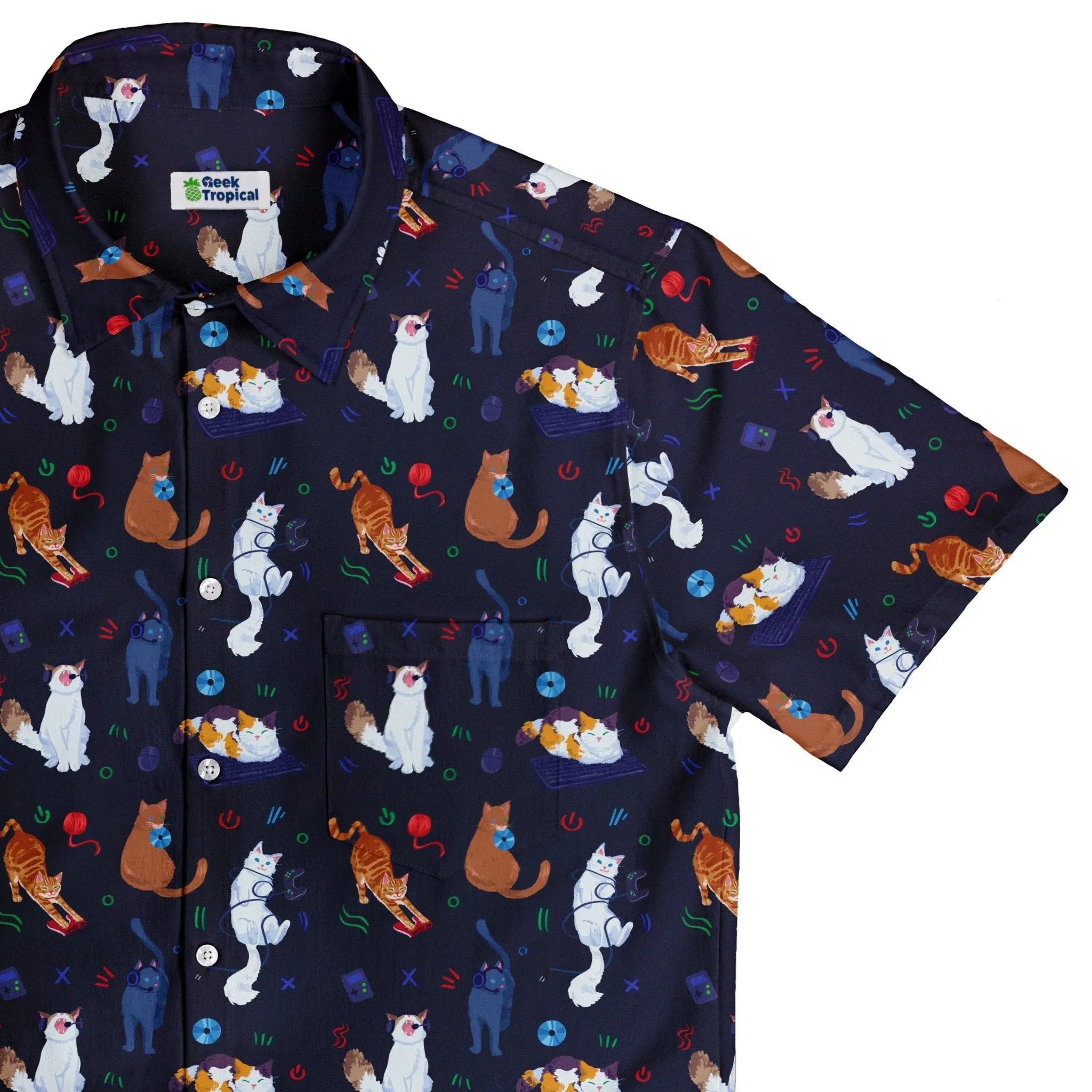 Video Game Cats Dark Button Up Shirt