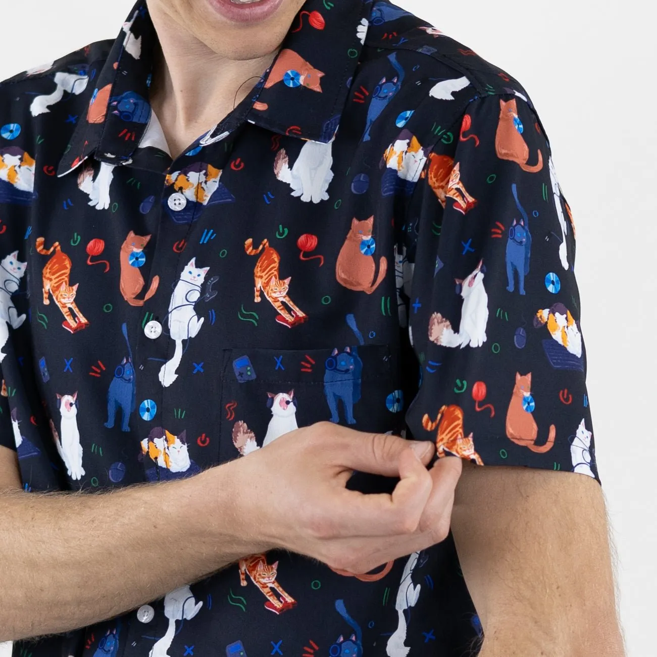 Video Game Cats Dark Button Up Shirt