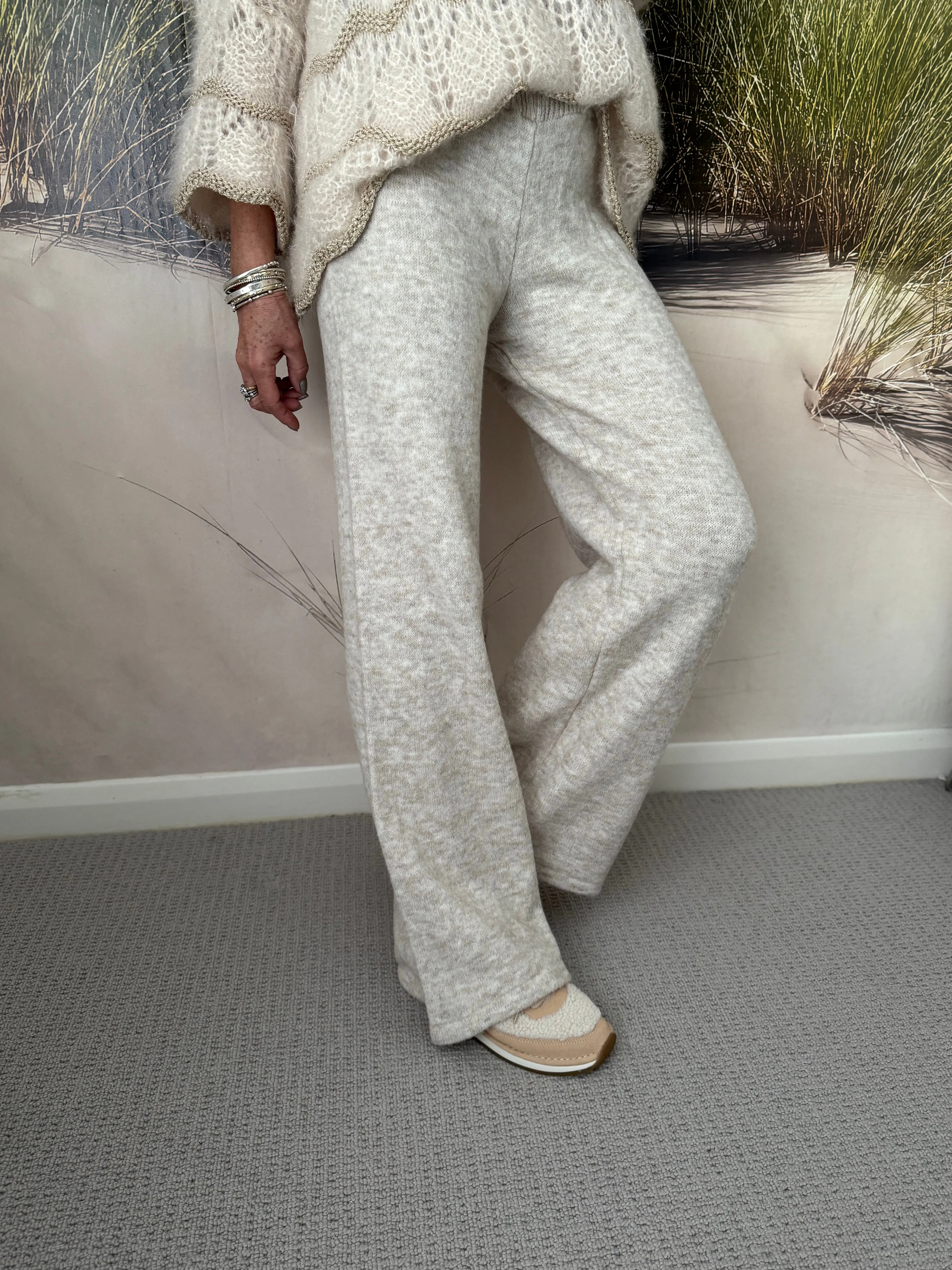Wide Leg Knitted Trousers in Light Stone