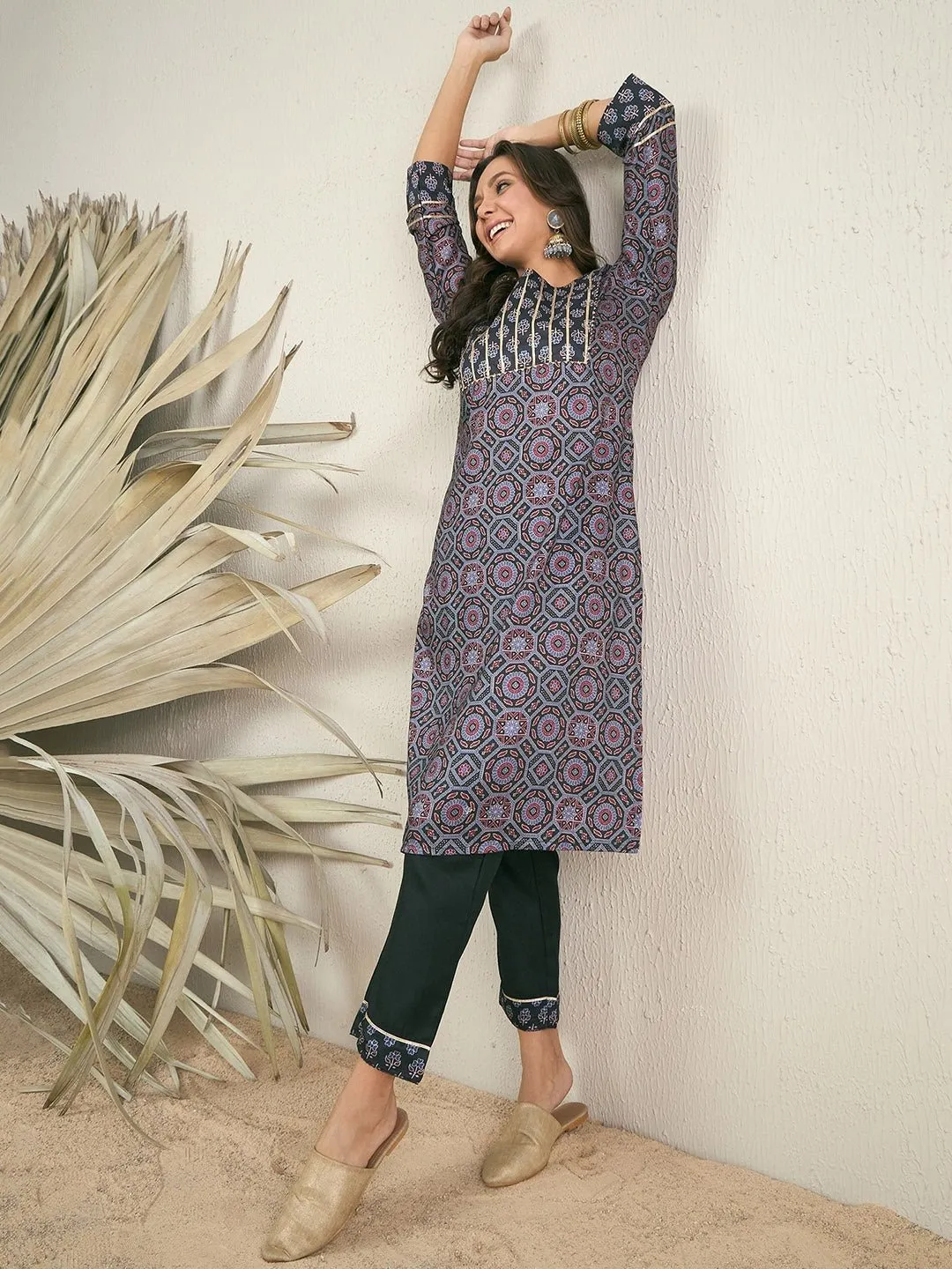 Women Black Ethnic Motifs Yoke Design Regular Straight Kurta With Trouser