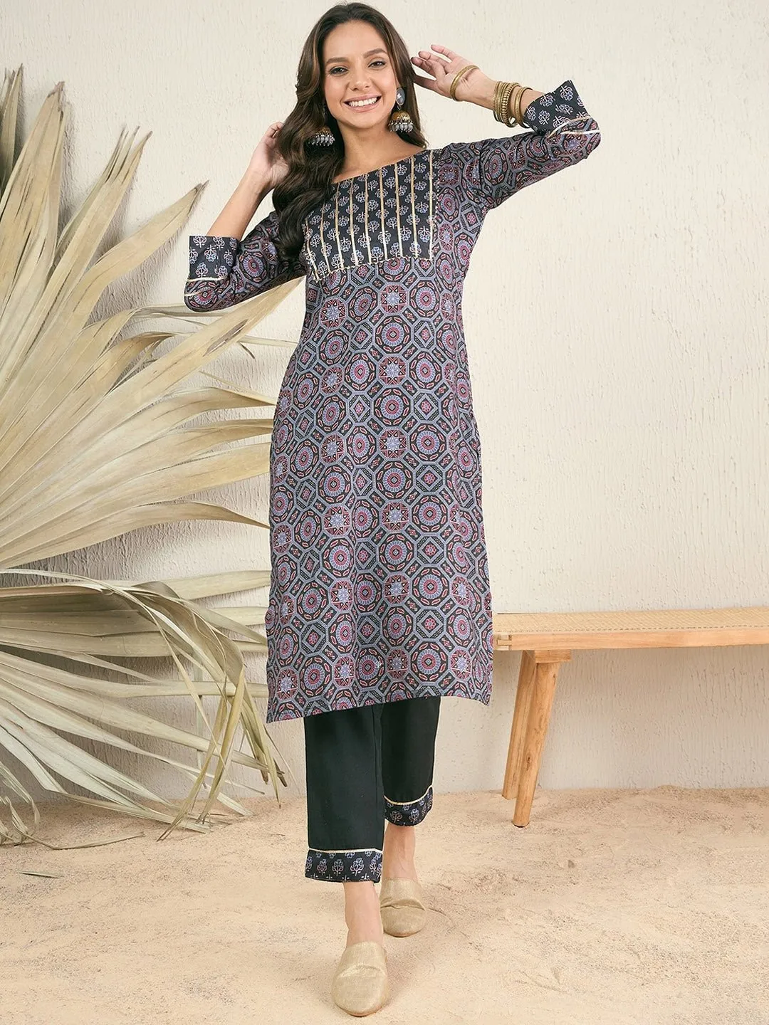 Women Black Ethnic Motifs Yoke Design Regular Straight Kurta With Trouser