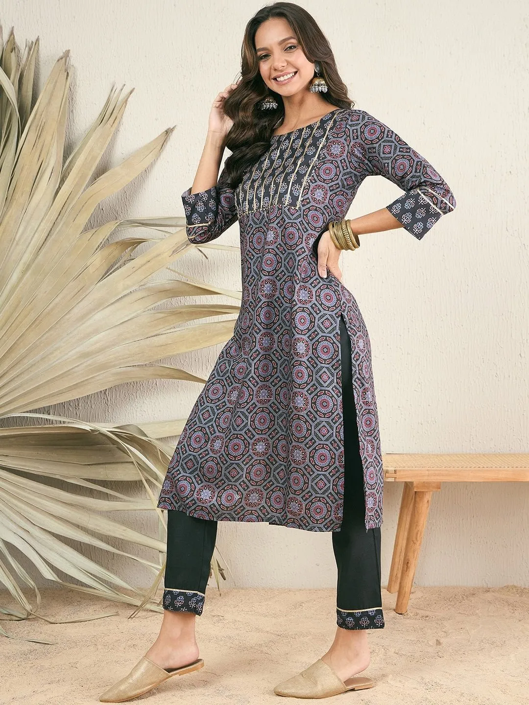 Women Black Ethnic Motifs Yoke Design Regular Straight Kurta With Trouser