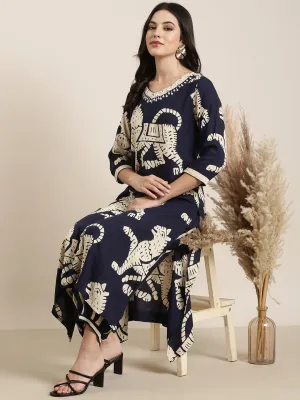 Women Straight Navy Blue Ethnic Motifs Kurta and Trousers Set