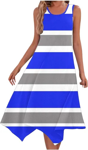 Women Summer Fashion Dresses Casual Print Midi Dress Loose Fit Striped Flowy Sundress Summer Beach Dresses