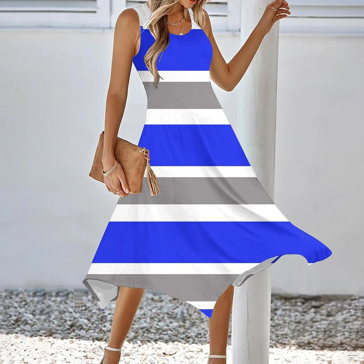 Women Summer Fashion Dresses Casual Print Midi Dress Loose Fit Striped Flowy Sundress Summer Beach Dresses