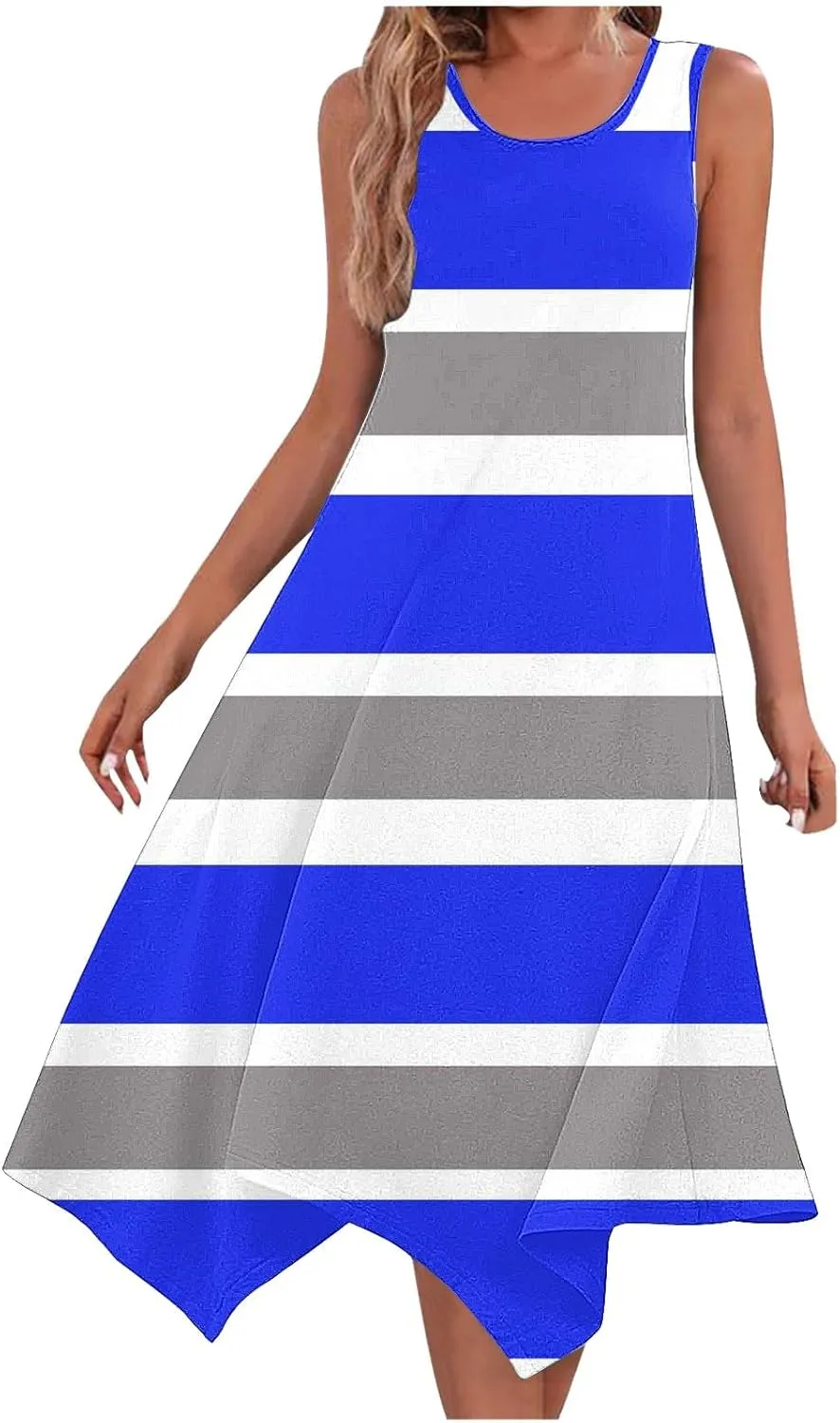 Women Summer Fashion Dresses Casual Print Midi Dress Loose Fit Striped Flowy Sundress Summer Beach Dresses