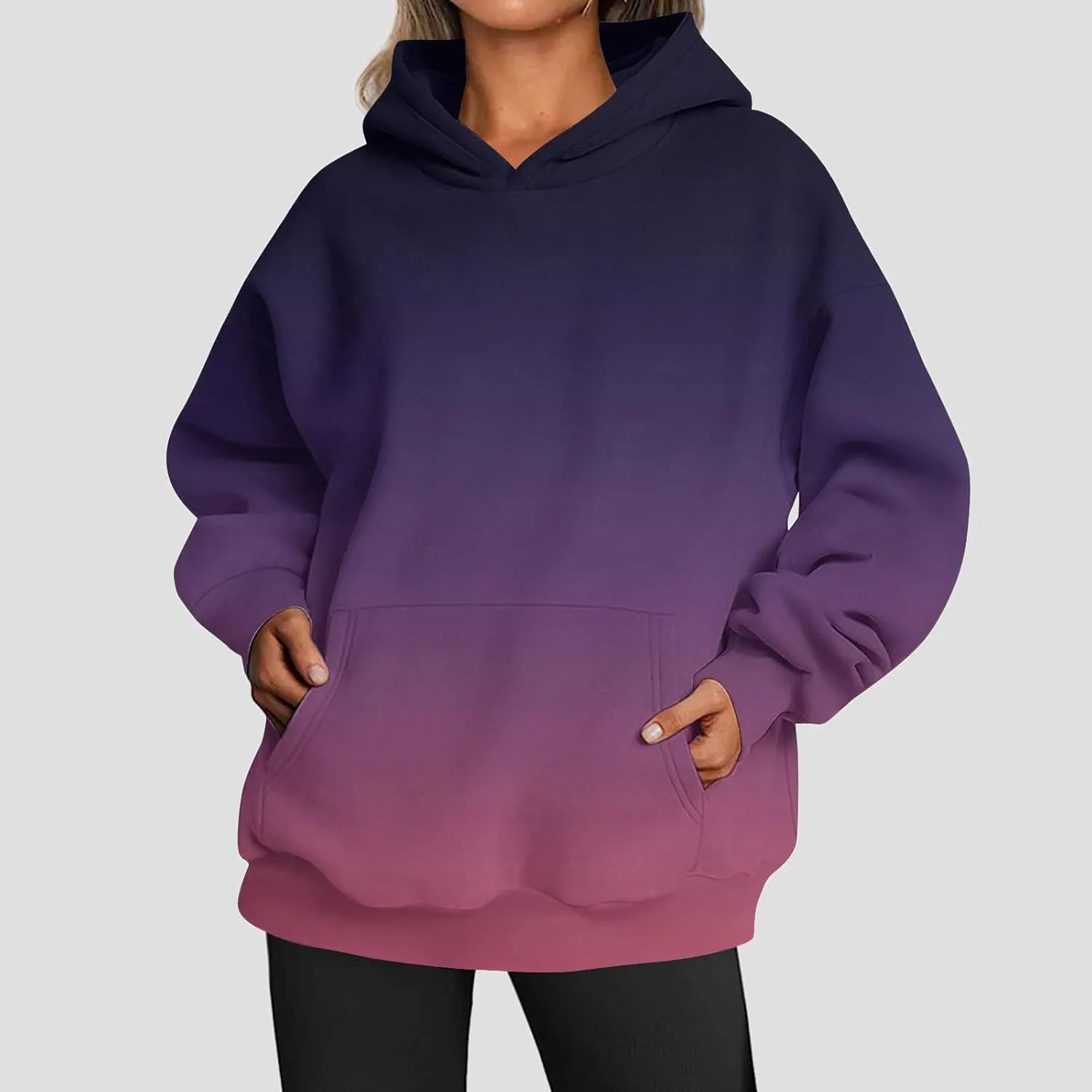 Womens Hoodies 2024 Casual Gradient Color Oversized Crew Neck Sweatshirts with Pocket Long Sleeve Fall Winter Tops