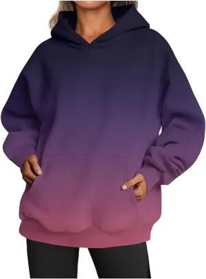 Womens Hoodies 2024 Casual Gradient Color Oversized Crew Neck Sweatshirts with Pocket Long Sleeve Fall Winter Tops