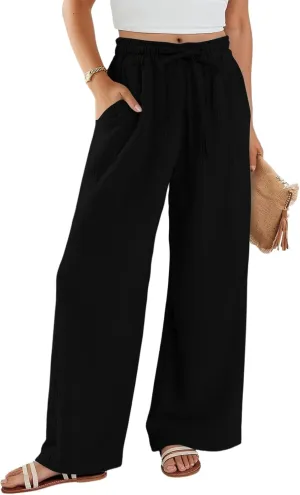 Womens Linen Pants Straight Leg Elastic Drawstring Casual Trousers Beach Lounge Pants with Pockets