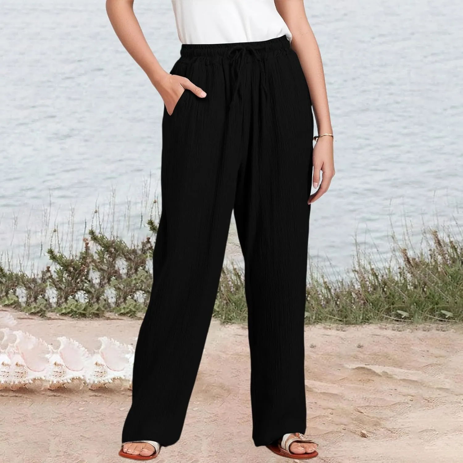 Womens Linen Pants Straight Leg Elastic Drawstring Casual Trousers Beach Lounge Pants with Pockets