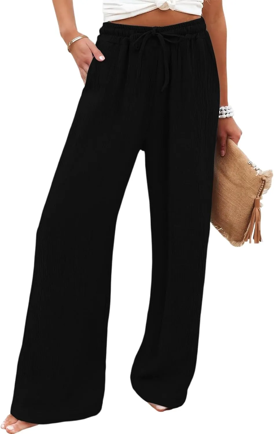 Womens Linen Pants Straight Leg Elastic Drawstring Casual Trousers Beach Lounge Pants with Pockets