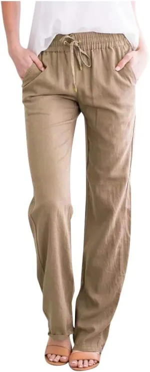 Women's Solid Color Linen Pants - Drawstring Waist Loose Fit Slim Casual Trousers, Comfortable Relaxed Long Pants
