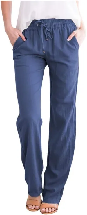 Women's Solid Color Linen Pants - Drawstring Waist Loose Fit Slim Casual Trousers, Comfortable Relaxed Long Pants