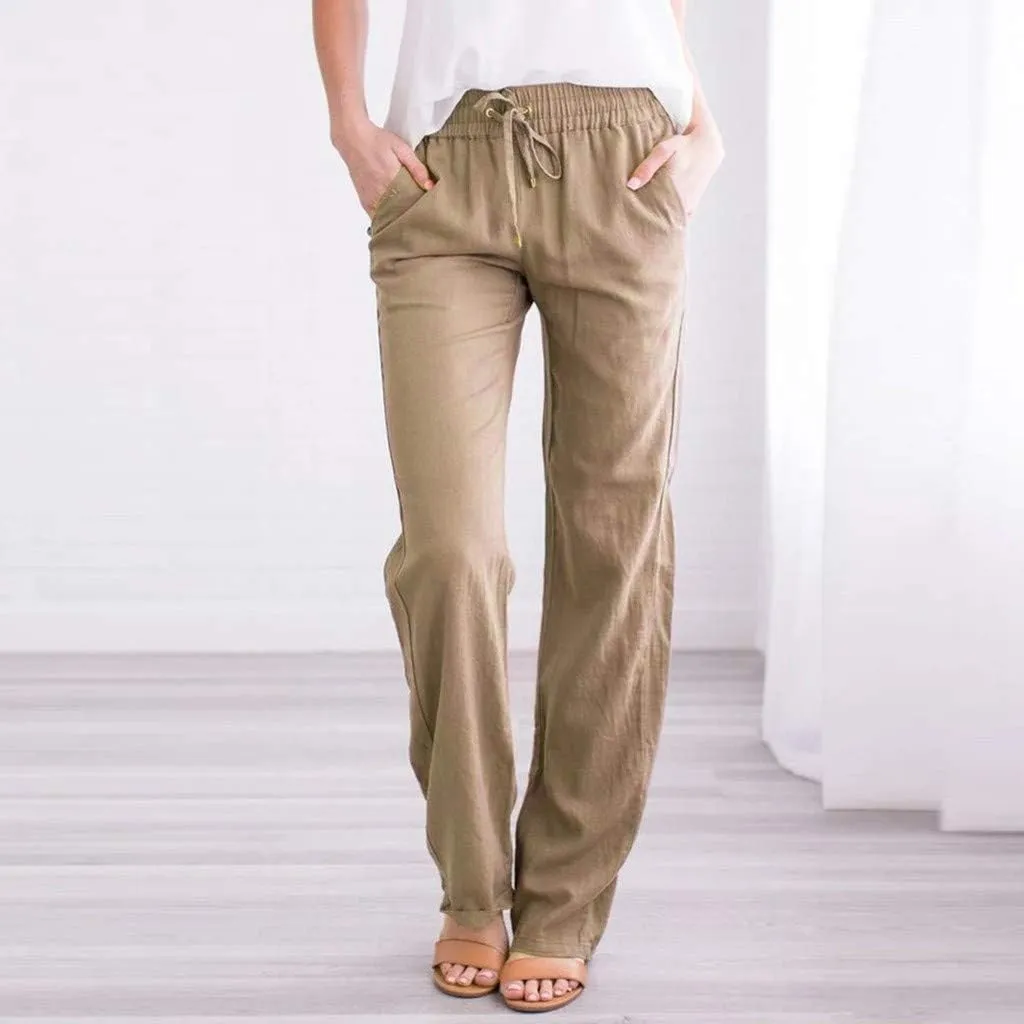 Women's Solid Color Linen Pants - Drawstring Waist Loose Fit Slim Casual Trousers, Comfortable Relaxed Long Pants