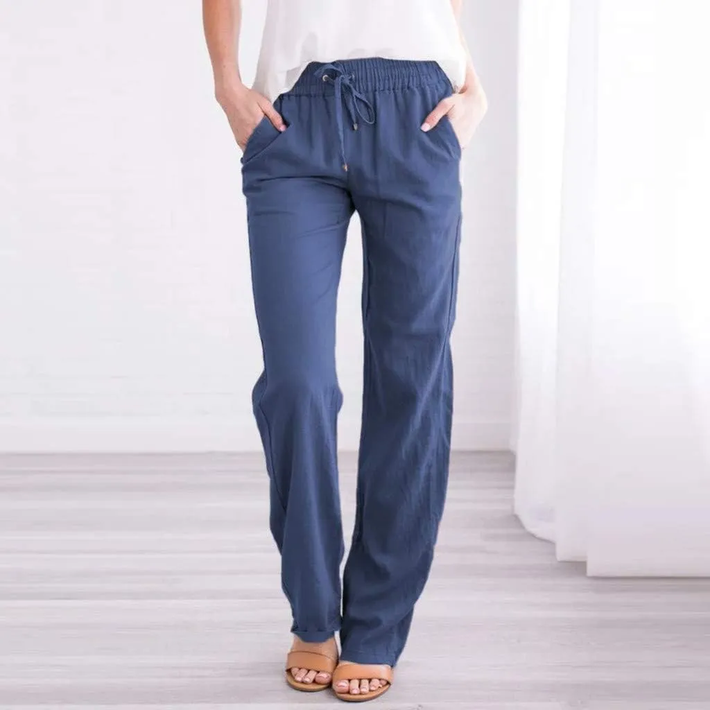 Women's Solid Color Linen Pants - Drawstring Waist Loose Fit Slim Casual Trousers, Comfortable Relaxed Long Pants