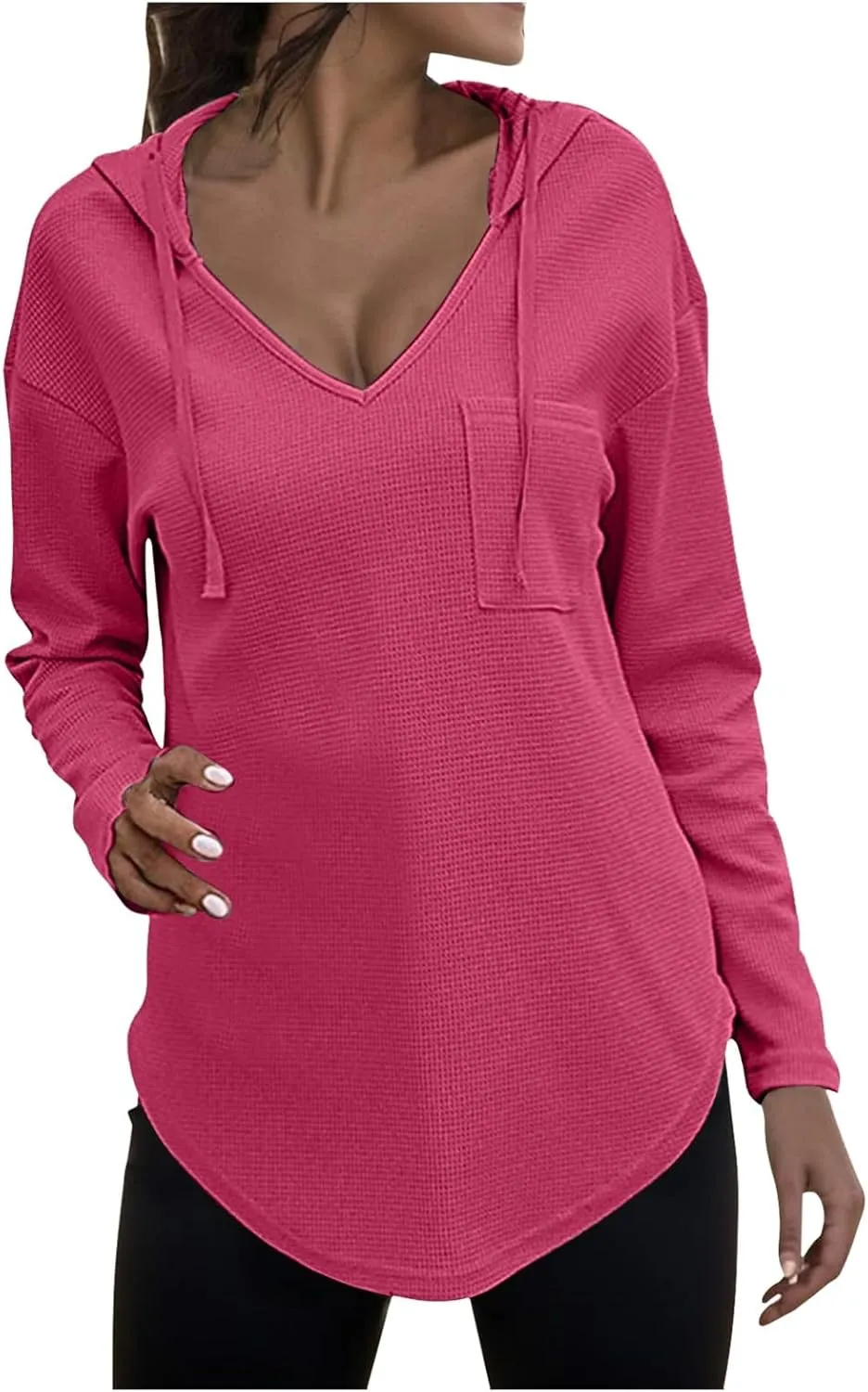 Women's V-neck long-sleeved shirt Fall Sweatshirt Loose Fit Casual Tops Trendy Clothing with Pockets 2024