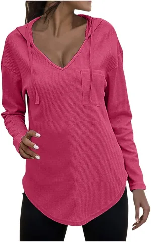 Women's V-neck long-sleeved shirt Fall Sweatshirt Loose Fit Casual Tops Trendy Clothing with Pockets 2024